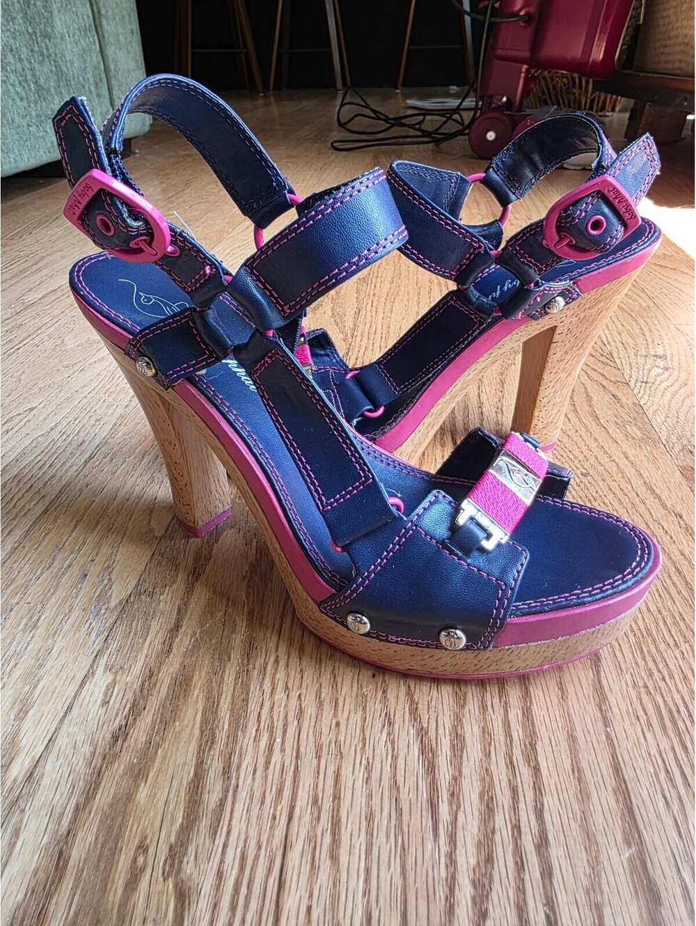 Rare Vtg Y2K Baby Phat Navy and Pink Strappy Wood Heel Sandles